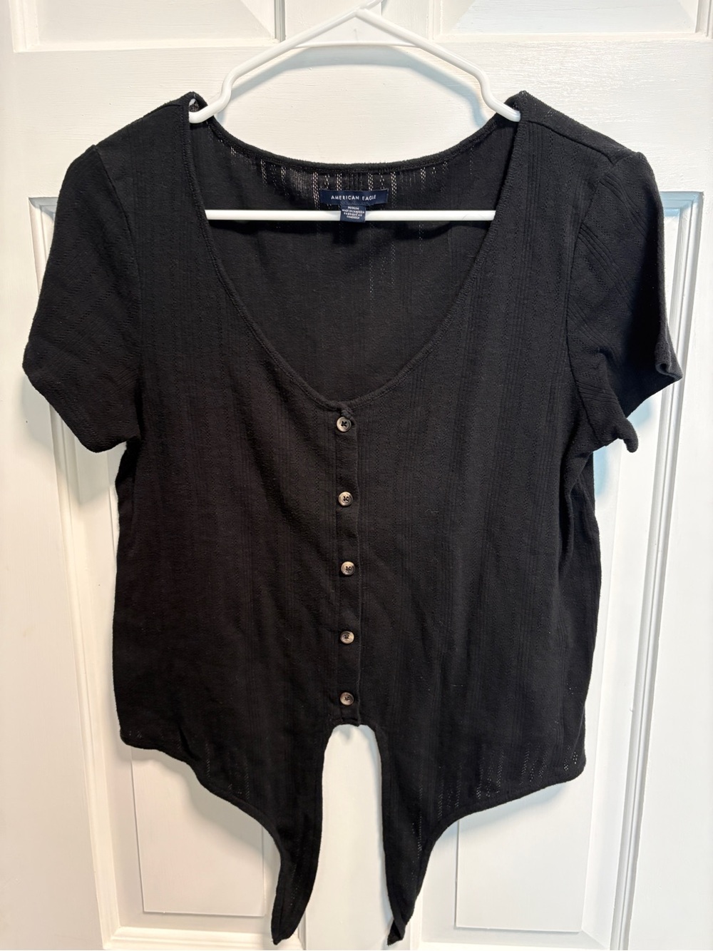 American Eagle Outfitters Black Tie Front Pointelle Top